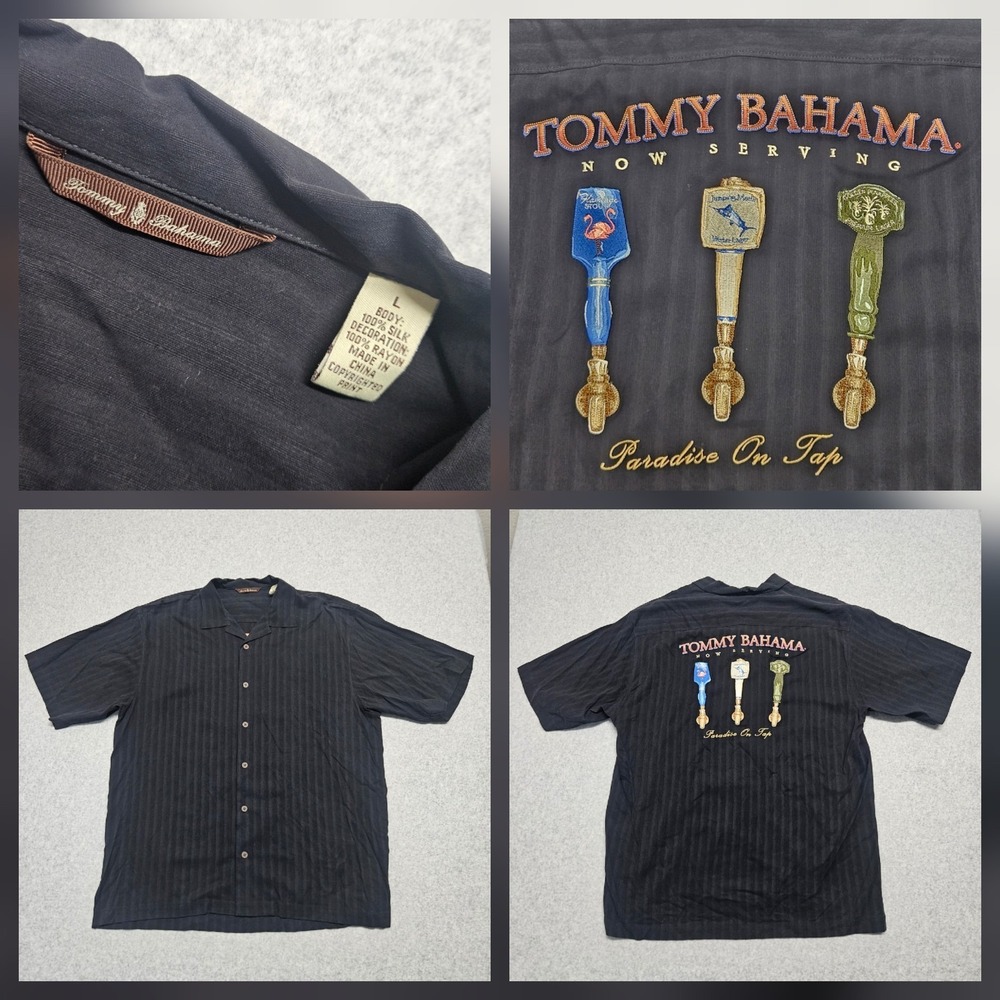 Tommy Bahama Mens Large  Black Silk Shirt  Paradise On Tap Hawaiian